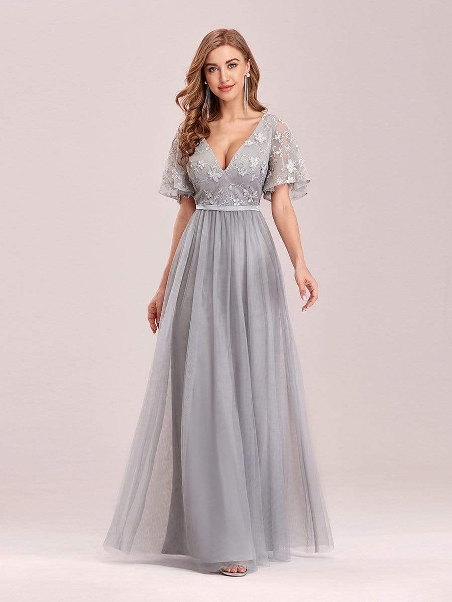 Color=Grey | V-Neck Ruffle Sleeve Embroidery Tulle Bridesmaid Dress-Grey 9 Color=Grey | V-Neck Ruffle Sleeve Embroidery Tulle Bridesmaid Dress-Grey 9