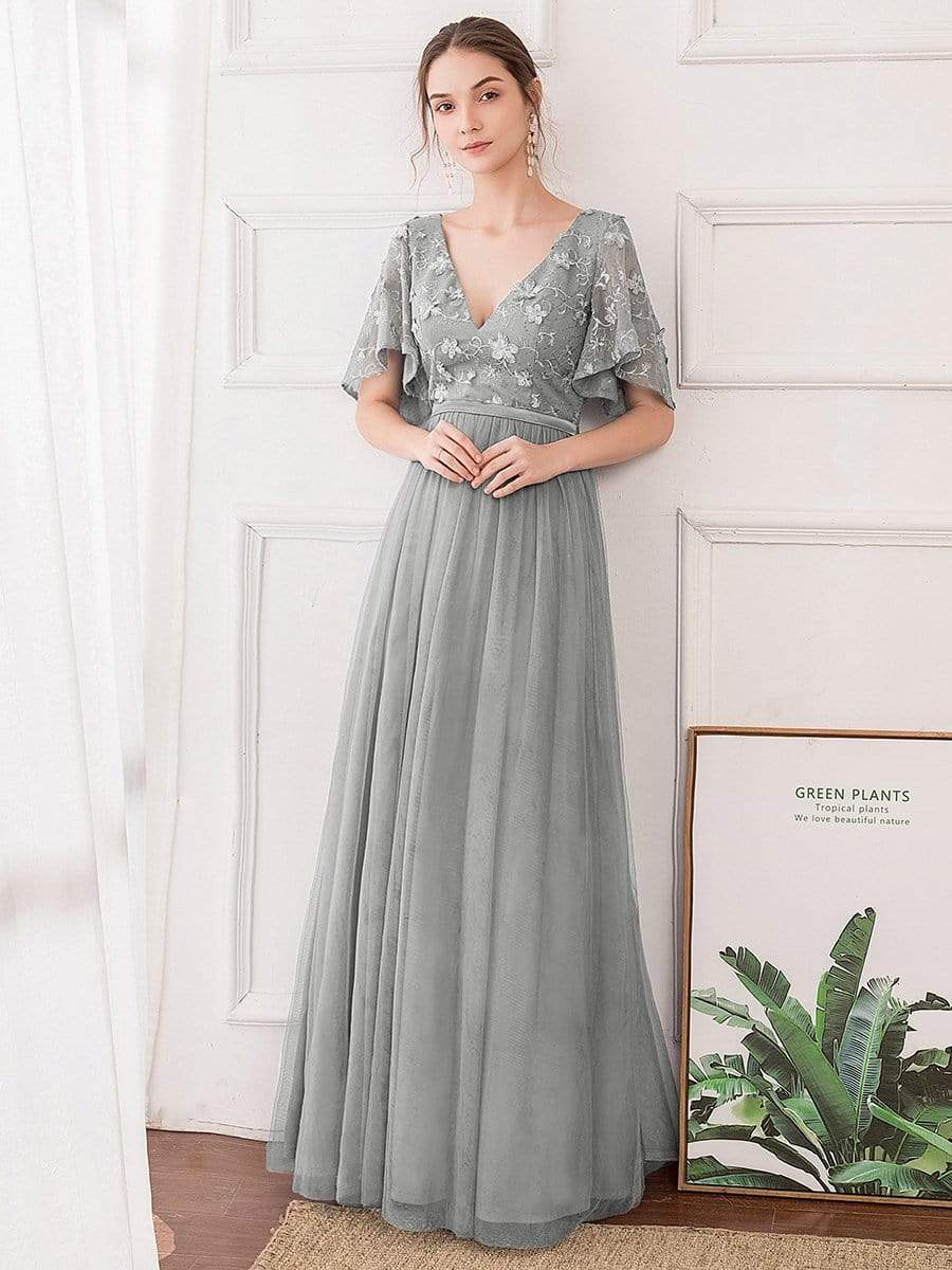 Color=Grey | V-Neck Ruffle Sleeve Embroidery Tulle Bridesmaid Dress-Grey 1 Color=Grey | V-Neck Ruffle Sleeve Embroidery Tulle Bridesmaid Dress-Grey 1