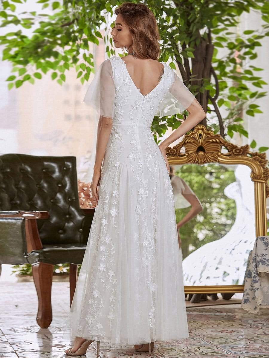 Color=White | Simple Maxi Floral Lace Wedding Dress With Deep V Neck-White 2 Color=White | Simple Maxi Floral Lace Wedding Dress With Deep V Neck-White 2