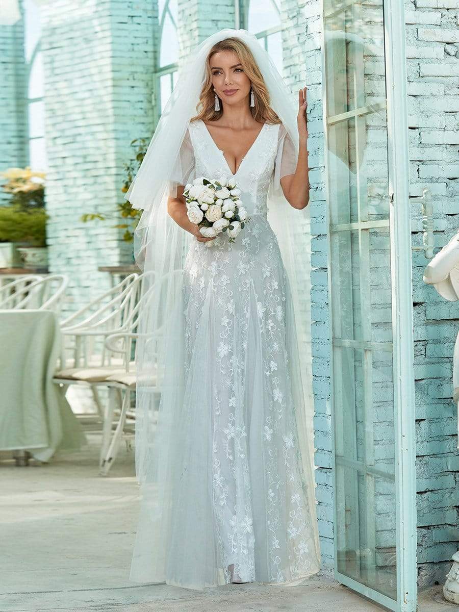 Color=White | Simple Maxi Floral Lace Wedding Dress With Deep V Neck-White 4 Color=White | Simple Maxi Floral Lace Wedding Dress With Deep V Neck-White 4