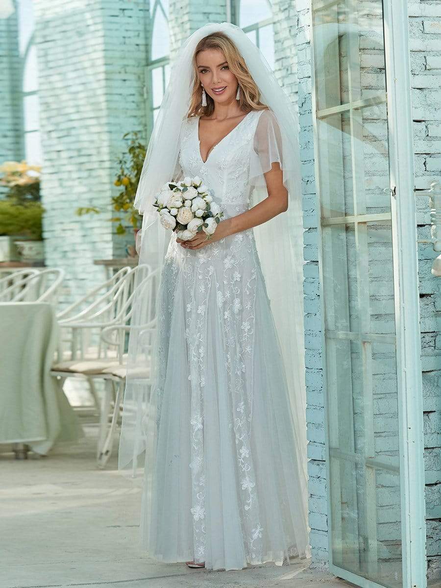 Color=White | Simple Maxi Floral Lace Wedding Dress With Deep V Neck-White 3 Color=White | Simple Maxi Floral Lace Wedding Dress With Deep V Neck-White 3