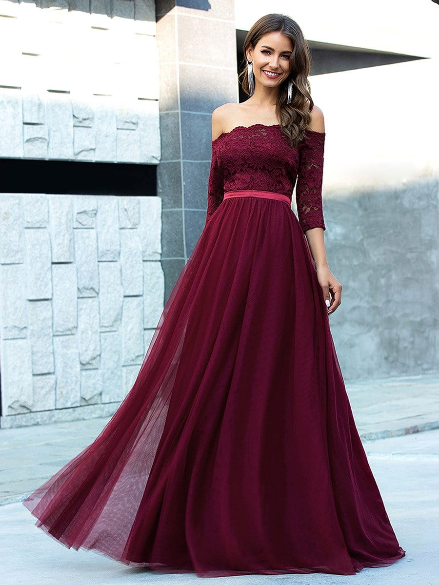 Color=Burgundy | Fashion Off Shoulder A-Line Lace Formal Tulle Evening Dresses-Burgundy 1 Color=Burgundy | Fashion Off Shoulder A-Line Lace Formal Tulle Evening Dresses-Burgundy 1
