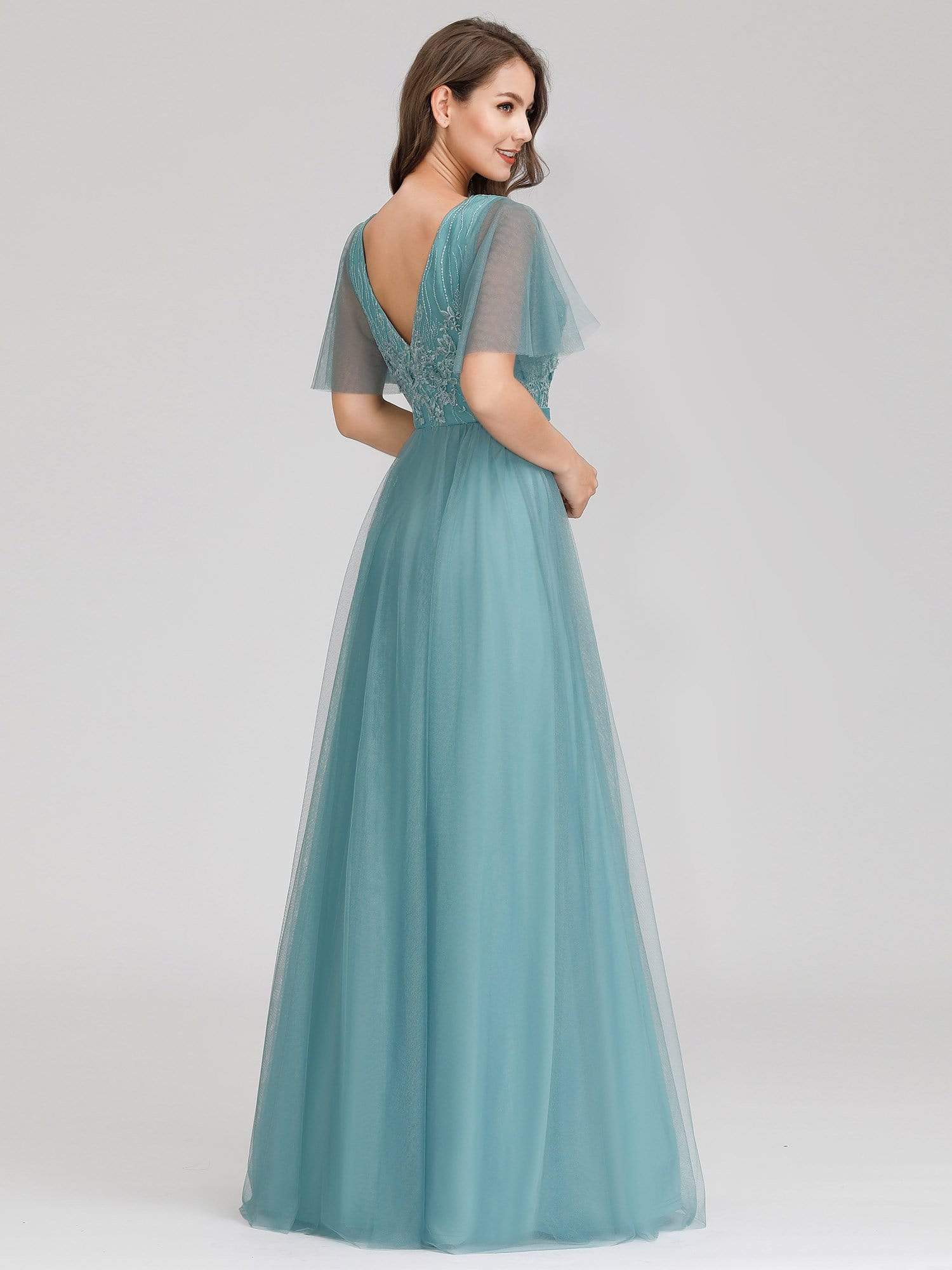 Color=Dusty Blue | Romantic Deep V-Neck Ruffle Sleeves Embroidery Tulle Bridesmaid Dresses-Dusty Blue 2 Color=Dusty Blue | Romantic Deep V-Neck Ruffle Sleeves Embroidery Tulle Bridesmaid Dresses-Dusty Blue 2