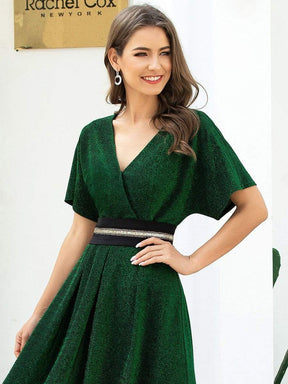 Color=Dark Green | Deep V Neck A-Line Short Shiny Cocktail Dresses For Party-Dark Green 5