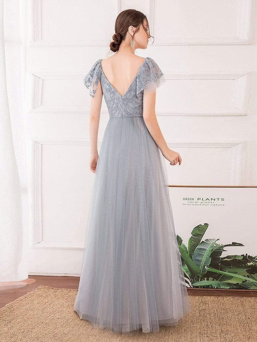 Color=Grey | Deep V Neckline Ruffle Sleeve A-Line Lace Tulle Bridesmaid Dresses-Grey 2 Color=Grey | Deep V Neckline Ruffle Sleeve A-Line Lace Tulle Bridesmaid Dresses-Grey 2