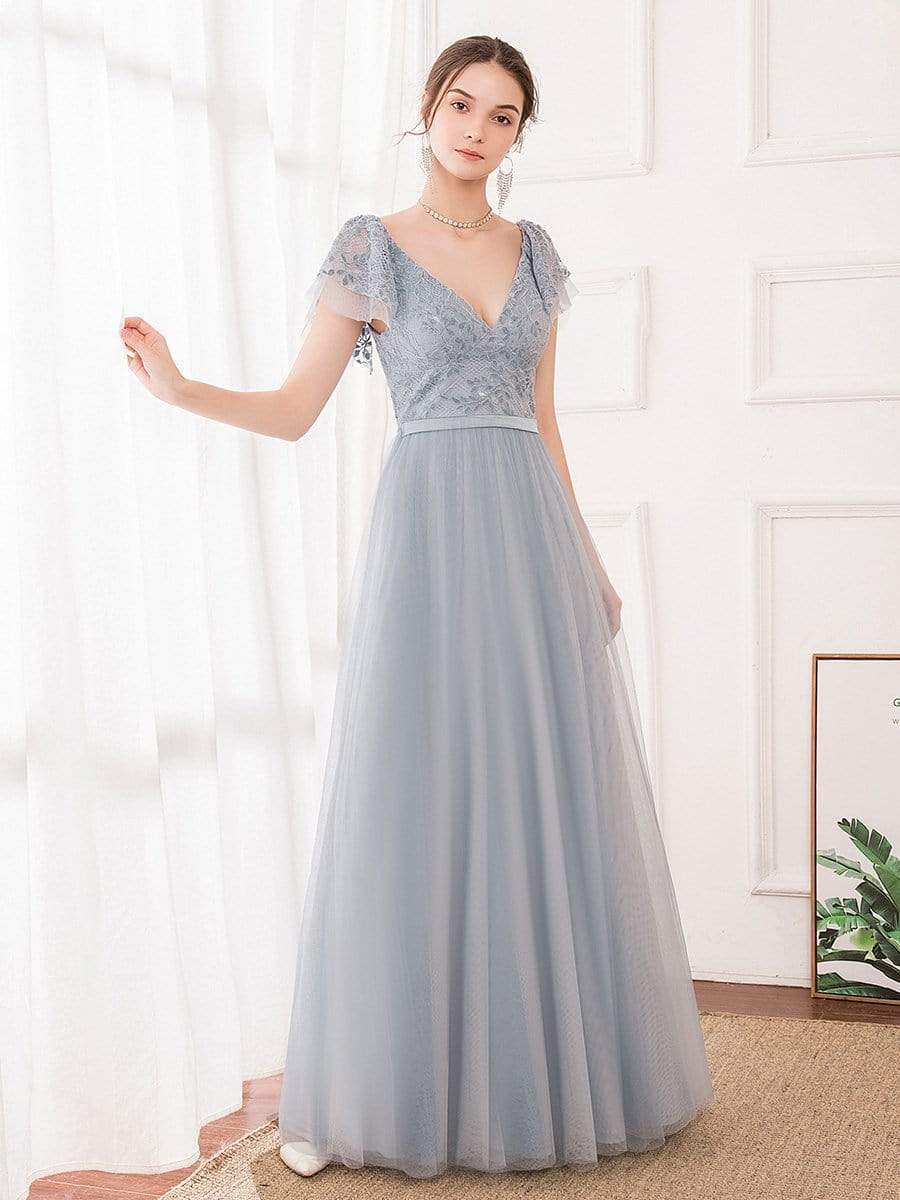Color=Grey | Deep V Neckline Ruffle Sleeve A-Line Lace Tulle Bridesmaid Dresses-Grey 1 Color=Grey | Deep V Neckline Ruffle Sleeve A-Line Lace Tulle Bridesmaid Dresses-Grey 1