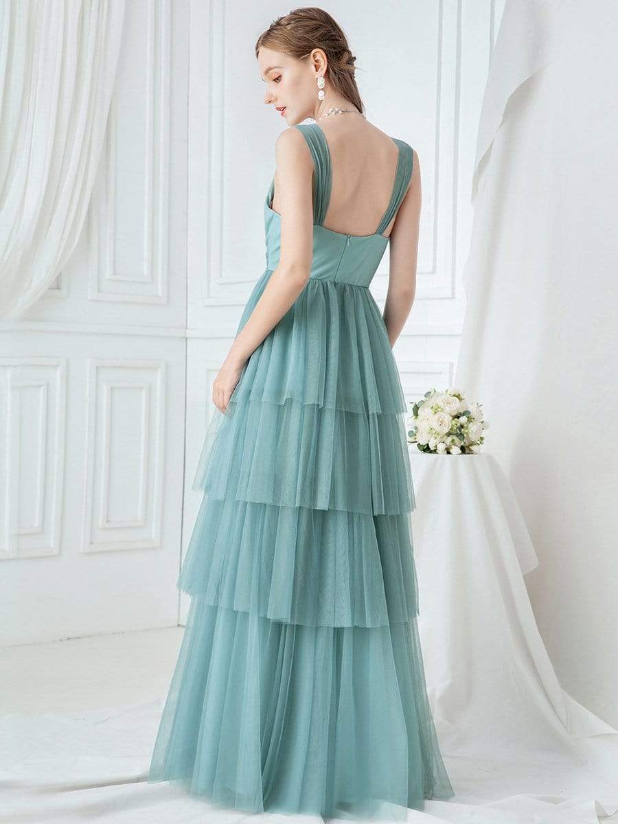 Color=Dusty Blue | Deep V Neckline Sleeveless A-Line Layered Tulle Bridesmaid Dresses-Dusty Blue 2 Color=Dusty Blue | Deep V Neckline Sleeveless A-Line Layered Tulle Bridesmaid Dresses-Dusty Blue 2