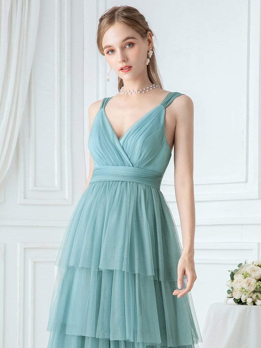 Color=Dusty Blue | Deep V Neckline Sleeveless A-Line Layered Tulle Bridesmaid Dresses-Dusty Blue 5 Color=Dusty Blue | Deep V Neckline Sleeveless A-Line Layered Tulle Bridesmaid Dresses-Dusty Blue 5