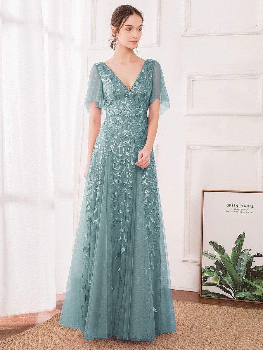Color=Dusty Blue | Modern Floor Length Embroidered Sequined Tulle Wedding Dress-Dusty Blue 1 Color=Dusty Blue | Modern Floor Length Embroidered Sequined Tulle Wedding Dress-Dusty Blue 1