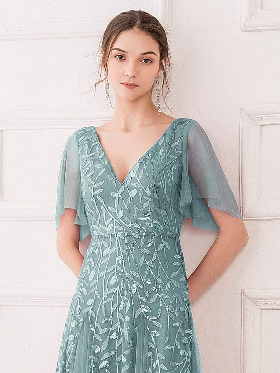 Color=Dusty Blue | Modern Floor Length Embroidered Sequined Tulle Wedding Dress-Dusty Blue 2 Color=Dusty Blue | Modern Floor Length Embroidered Sequined Tulle Wedding Dress-Dusty Blue 2