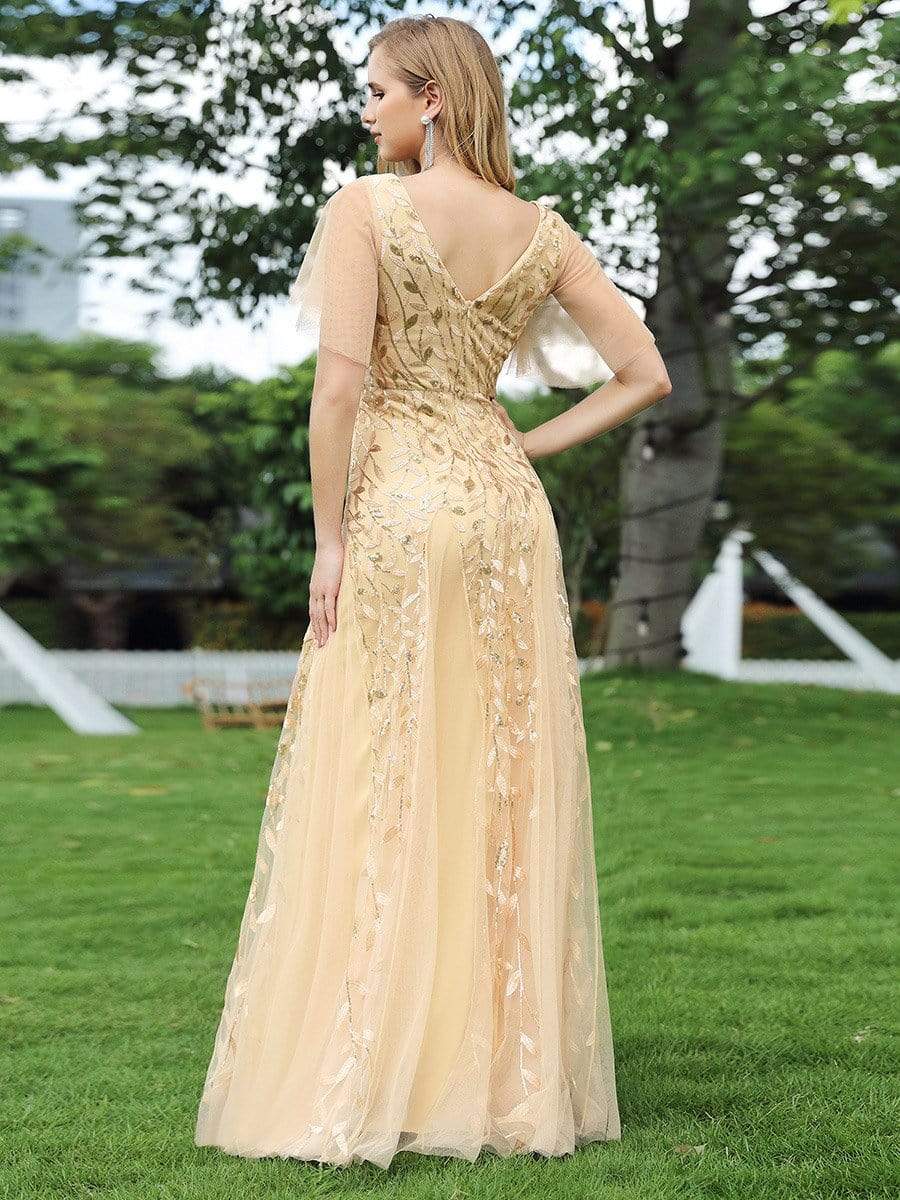 Color=Gold | Modern Floor Length Embroidered Sequined Tulle Wedding Dress-Gold 2 Color=Gold | Modern Floor Length Embroidered Sequined Tulle Wedding Dress-Gold 2