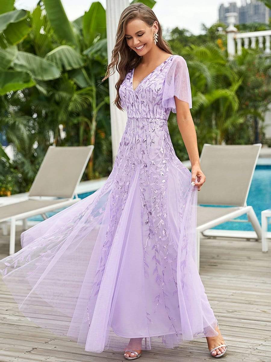Color=Lavender | Modern Floor Length Embroidered Sequined Tulle Wedding Dress-Lavender 4 Color=Lavender | Modern Floor Length Embroidered Sequined Tulle Wedding Dress-Lavender 4