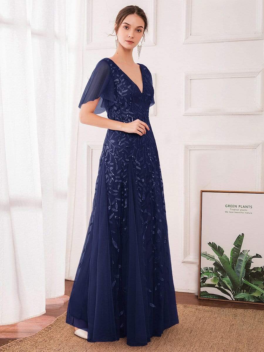 Color=Navy Blue | Modern Floor Length Embroidered Sequined Tulle Wedding Dress-Navy Blue 5 Color=Navy Blue | Modern Floor Length Embroidered Sequined Tulle Wedding Dress-Navy Blue 5