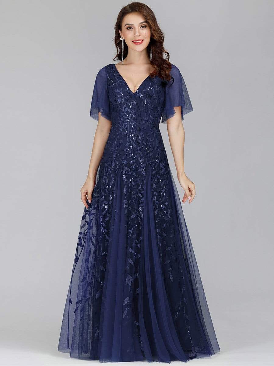 Color=Navy Blue | Modern Floor Length Embroidered Sequined Tulle Wedding Dress-Navy Blue 3 Color=Navy Blue | Modern Floor Length Embroidered Sequined Tulle Wedding Dress-Navy Blue 3