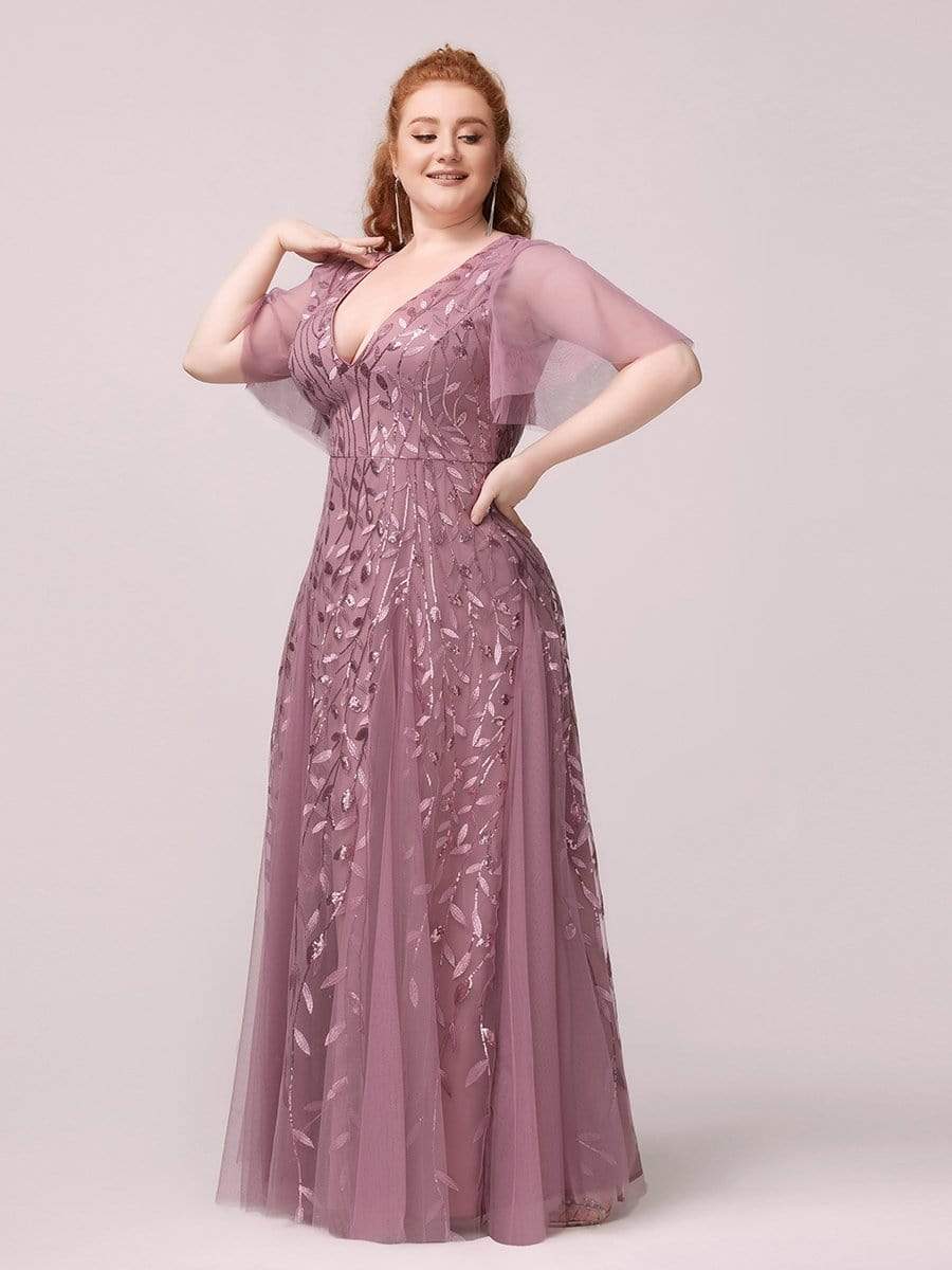 Color=Purple Orchid | Plus Size romantic shimmery v neck ruffle sleeves evening gown-Purple Orchid 5 Color=Purple Orchid | Plus Size romantic shimmery v neck ruffle sleeves evening gown-Purple Orchid 5