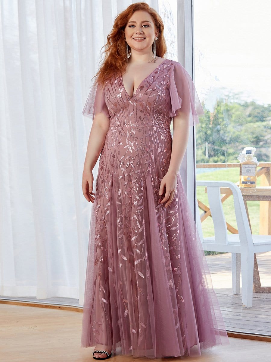 Plus Size romantic shimmery v neck ruffle sleeves evening gown