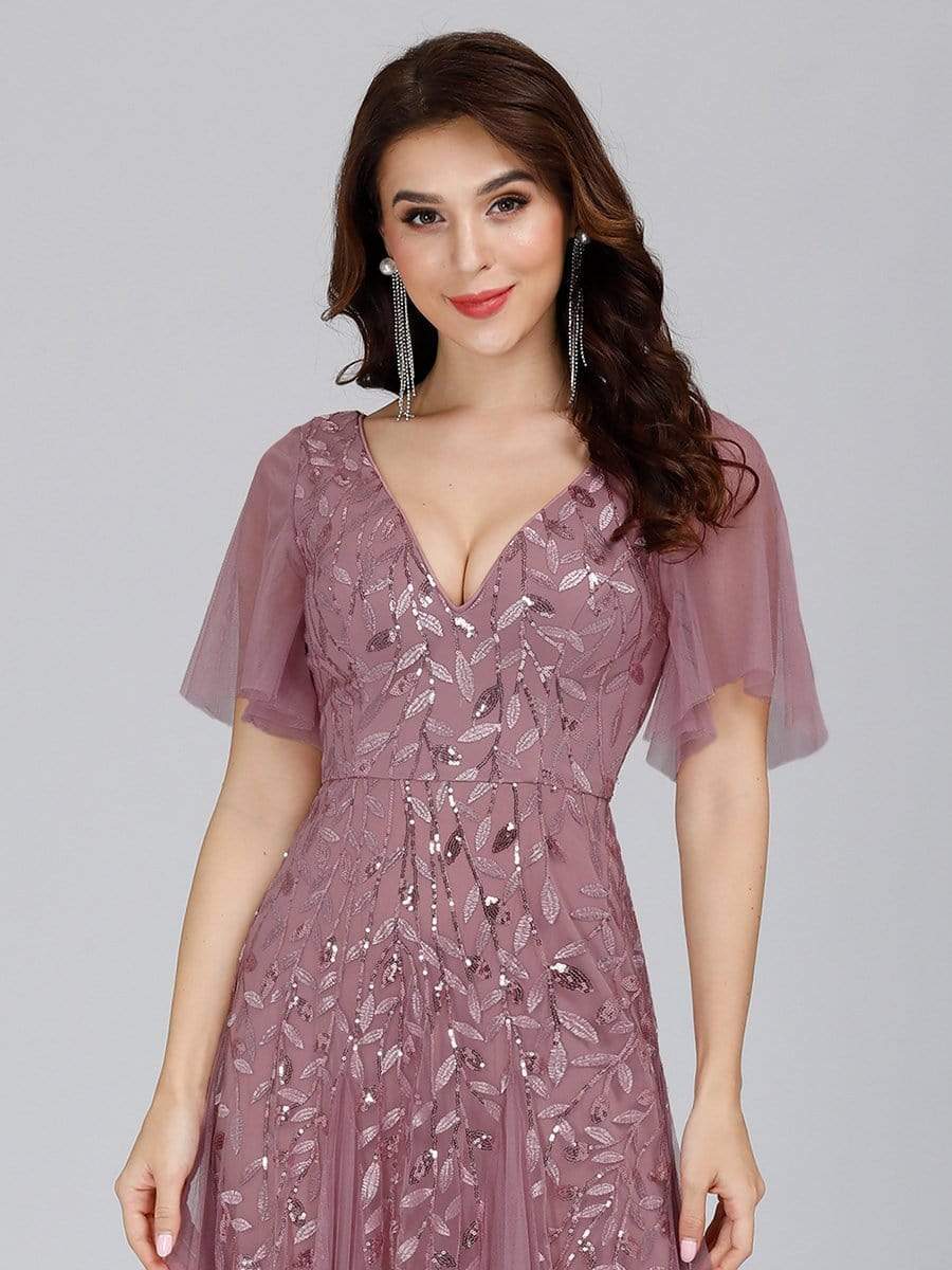 Color=Purple Orchid | Romantic Shimmery V Neck Ruffle Sleeves Evening Gown-Purple Orchid 5 Color=Purple Orchid | Romantic Shimmery V Neck Ruffle Sleeves Evening Gown-Purple Orchid 5