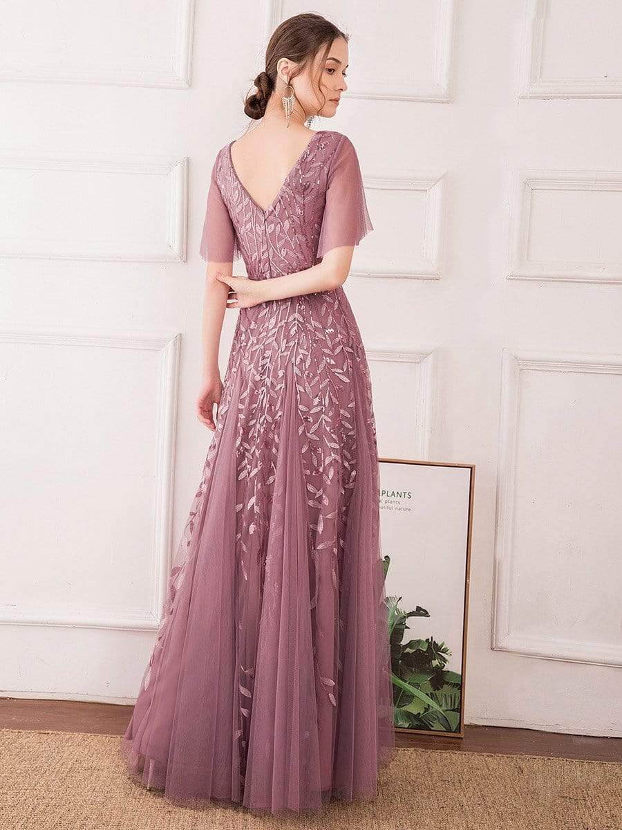 Color=Purple Orchid | Romantic Shimmery V Neck Ruffle Sleeves Evening Gown-Purple Orchid 7 Color=Purple Orchid | Romantic Shimmery V Neck Ruffle Sleeves Evening Gown-Purple Orchid 7