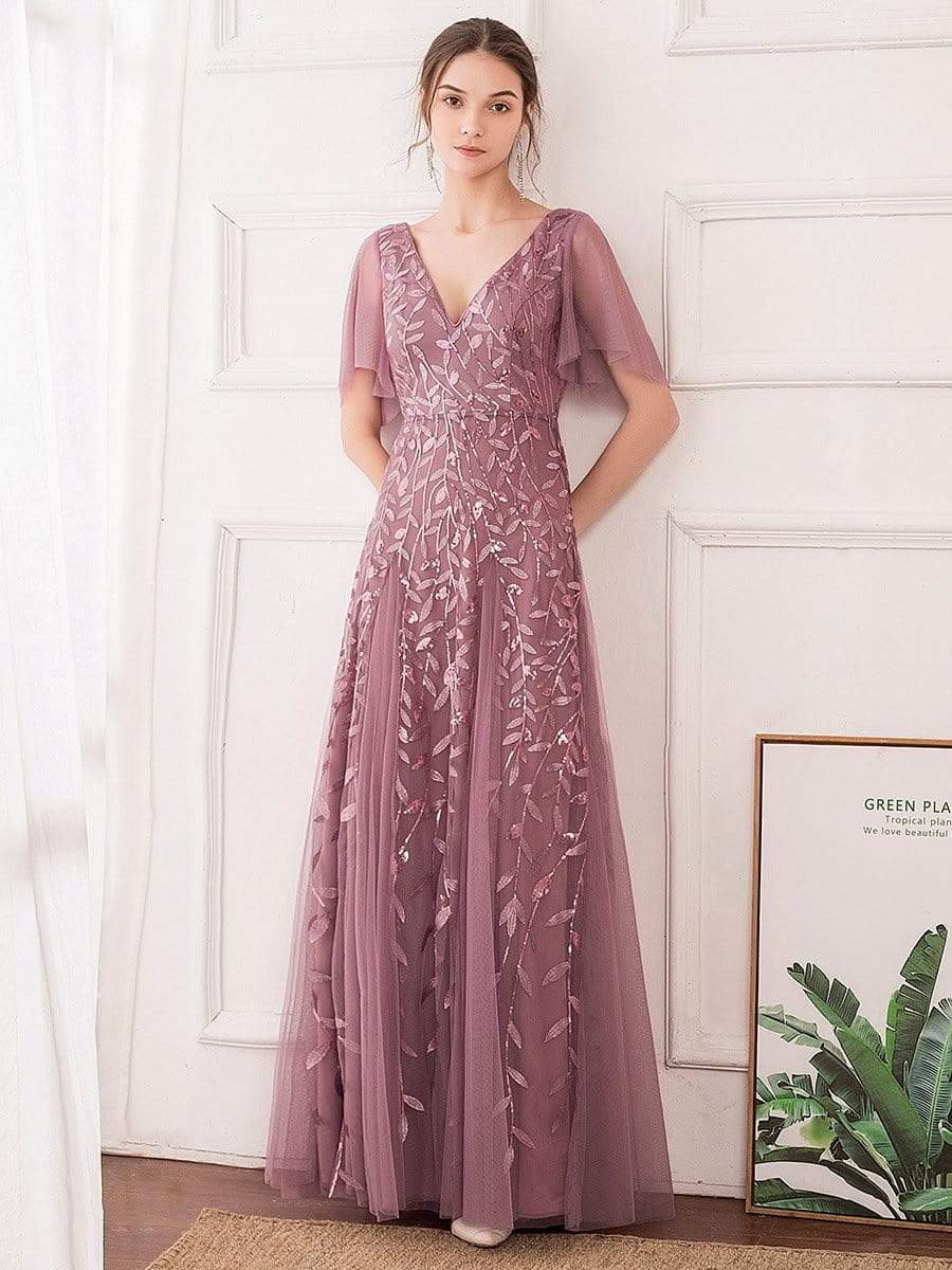 Color=Purple Orchid | Romantic Shimmery V Neck Ruffle Sleeves Evening Gown-Purple Orchid 6 Color=Purple Orchid | Romantic Shimmery V Neck Ruffle Sleeves Evening Gown-Purple Orchid 6