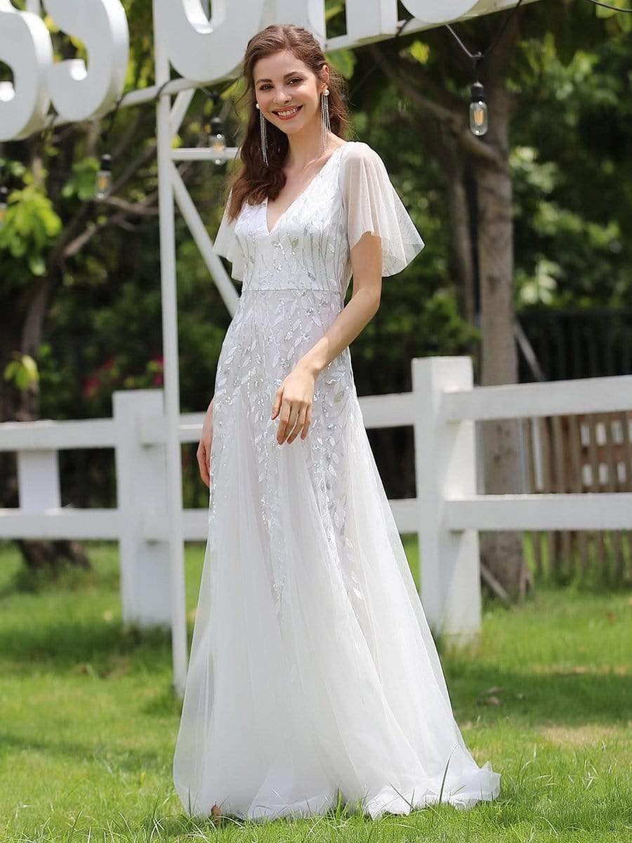 Color=White | Romantic Shimmery V Neck Ruffle Sleeves Evening Gown-White 1