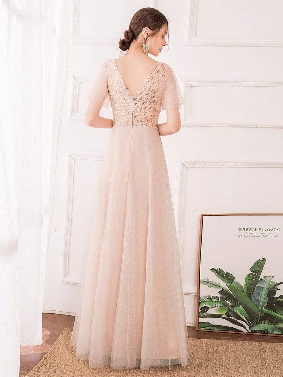 Color=Blush | Maxi A-Line Cross V-neck Tulle Bridesmaid Dress with Sequin Stripes-Blush 2