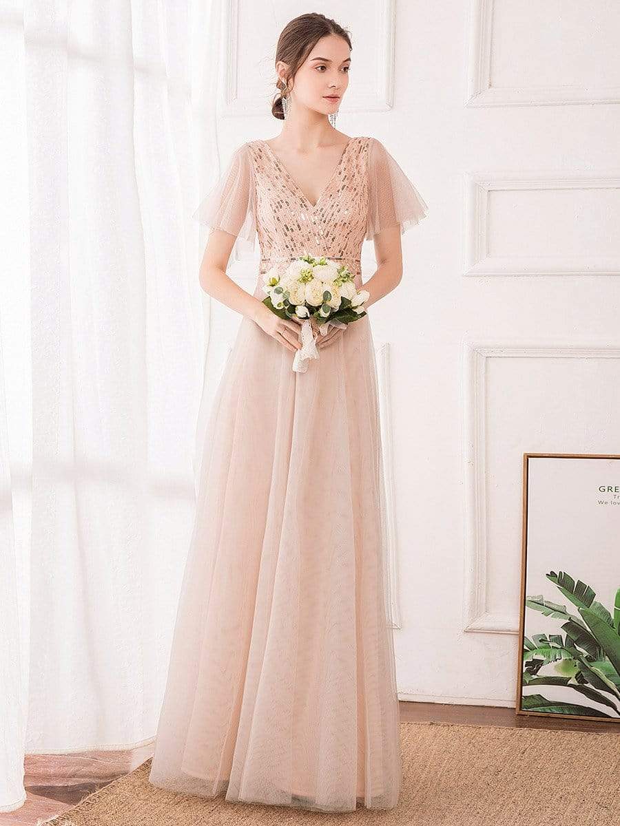 Color=Blush | Maxi A-Line Cross V-neck Tulle Bridesmaid Dress with Sequin Stripes-Blush 4 Color=Blush | Maxi A-Line Cross V-neck Tulle Bridesmaid Dress with Sequin Stripes-Blush 4
