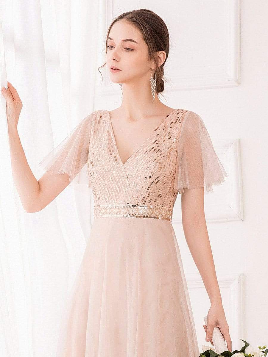 Color=Blush | Maxi A-Line Cross V-neck Tulle Bridesmaid Dress with Sequin Stripes-Blush 5 Color=Blush | Maxi A-Line Cross V-neck Tulle Bridesmaid Dress with Sequin Stripes-Blush 5