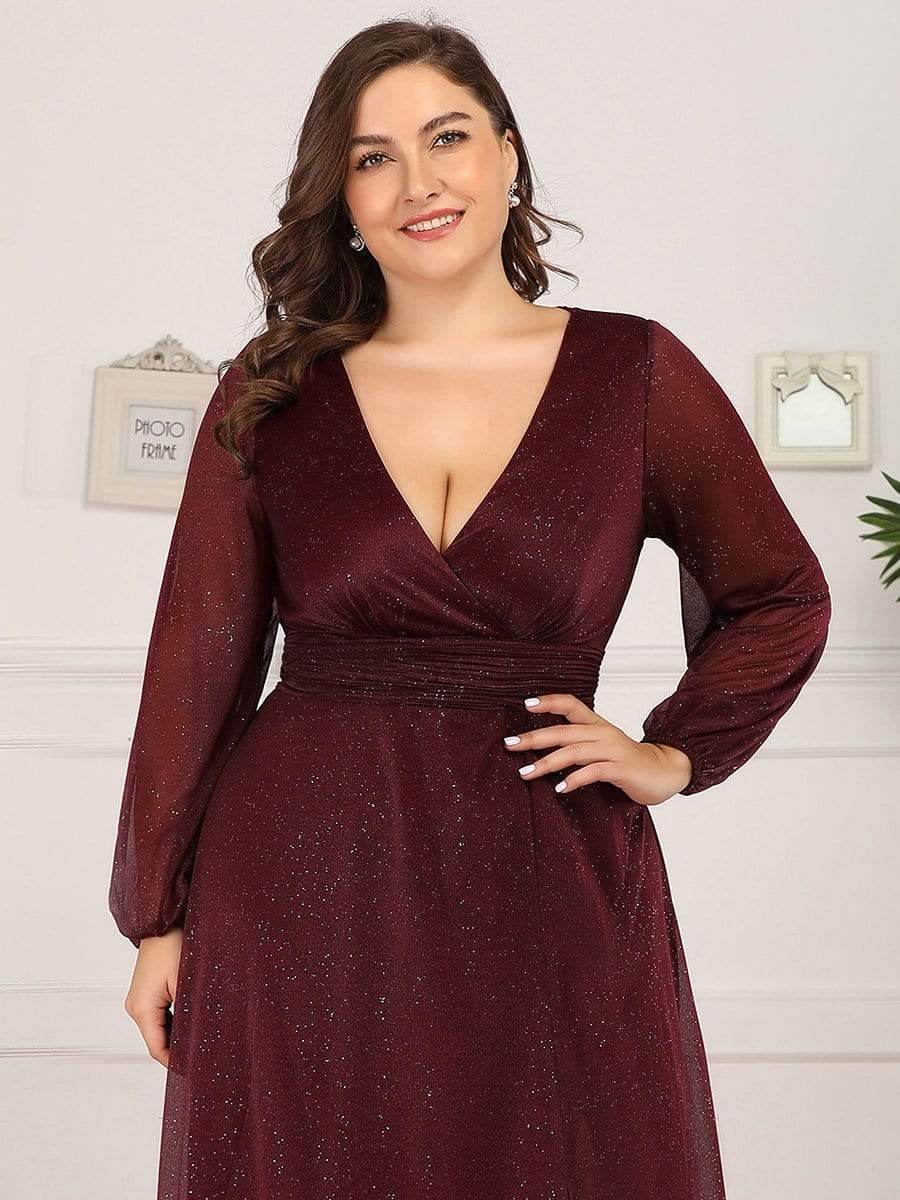 Color=Burgundy | Plus Size Women'S Sexy V-Neck Long Sleeve Evening Dress-Burgundy 5 Color=Burgundy | Plus Size Women'S Sexy V-Neck Long Sleeve Evening Dress-Burgundy 5