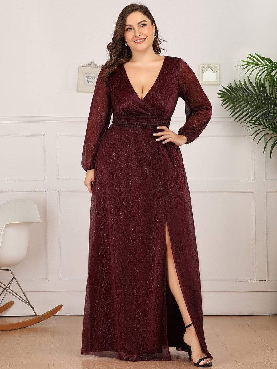 Color=Burgundy | Plus Size Women'S Sexy V-Neck Long Sleeve Evening Dress-Burgundy 1 Color=Burgundy | Plus Size Women'S Sexy V-Neck Long Sleeve Evening Dress-Burgundy 1