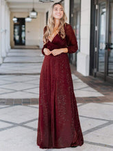 Color=Burgundy | Women'S Sexy V-Neck Long Sleeve Evening Dress-Burgundy 3