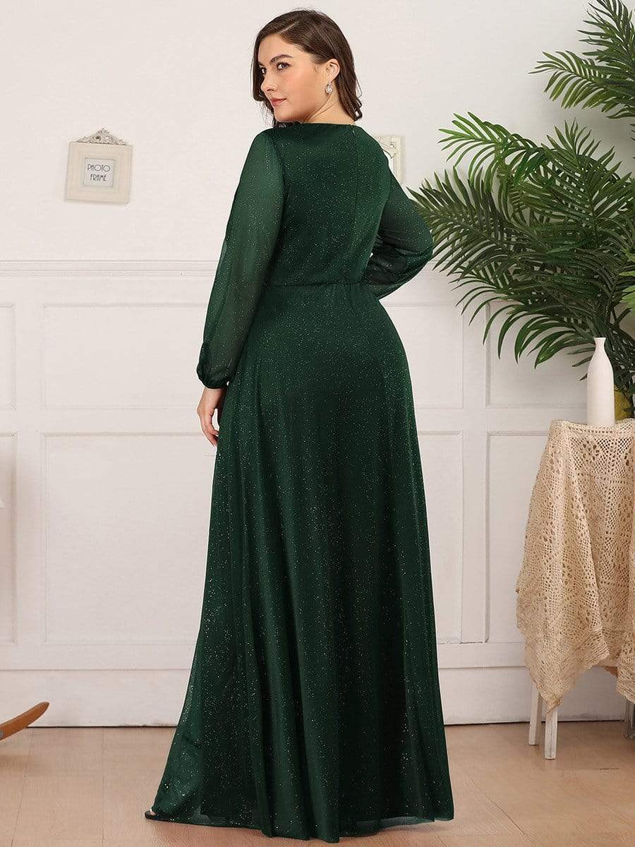 Color=Dark Green | Plus Size Women'S Sexy V-Neck Long Sleeve Evening Dress-Dark Green 2 Color=Dark Green | Plus Size Women'S Sexy V-Neck Long Sleeve Evening Dress-Dark Green 2