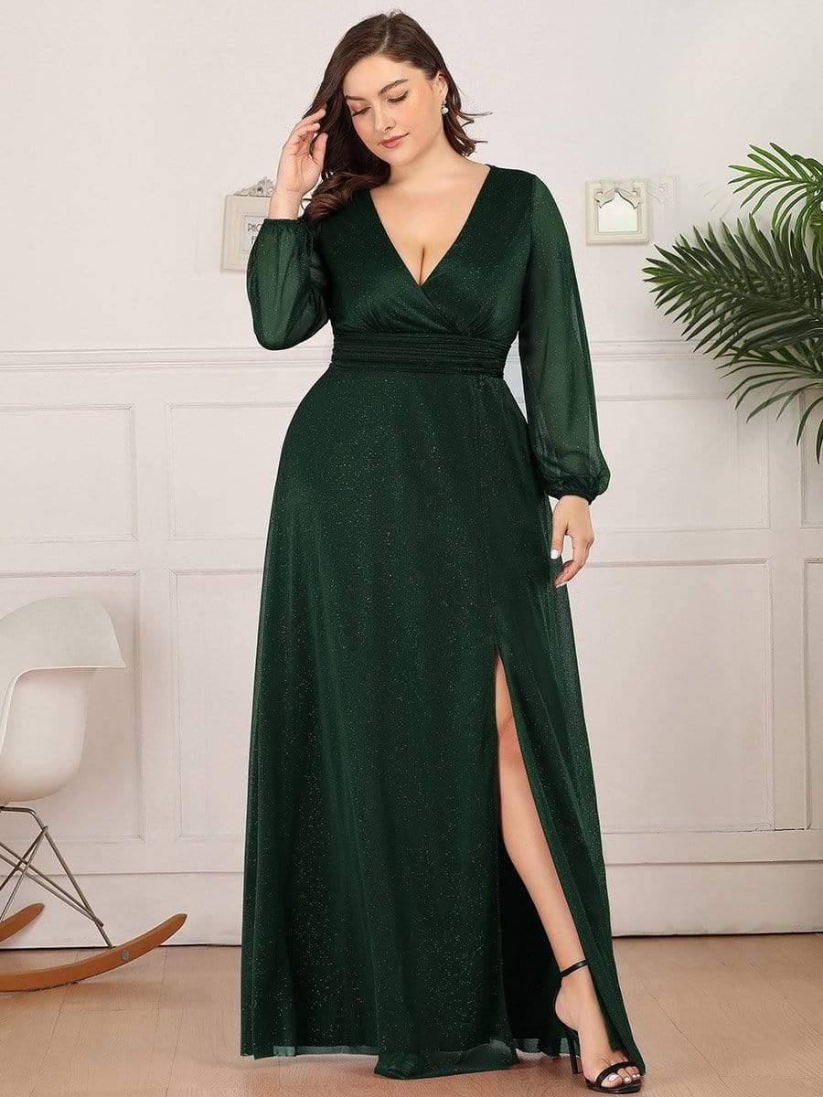 Color=Dark Green | Plus Size Women'S Sexy V-Neck Long Sleeve Evening Dress-Dark Green 4