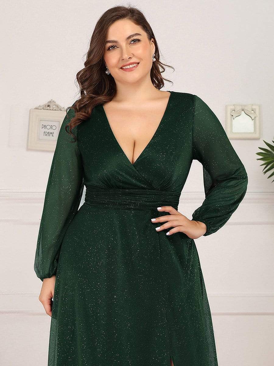 Color=Dark Green | Plus Size Women'S Sexy V-Neck Long Sleeve Evening Dress-Dark Green 5 Color=Dark Green | Plus Size Women'S Sexy V-Neck Long Sleeve Evening Dress-Dark Green 5