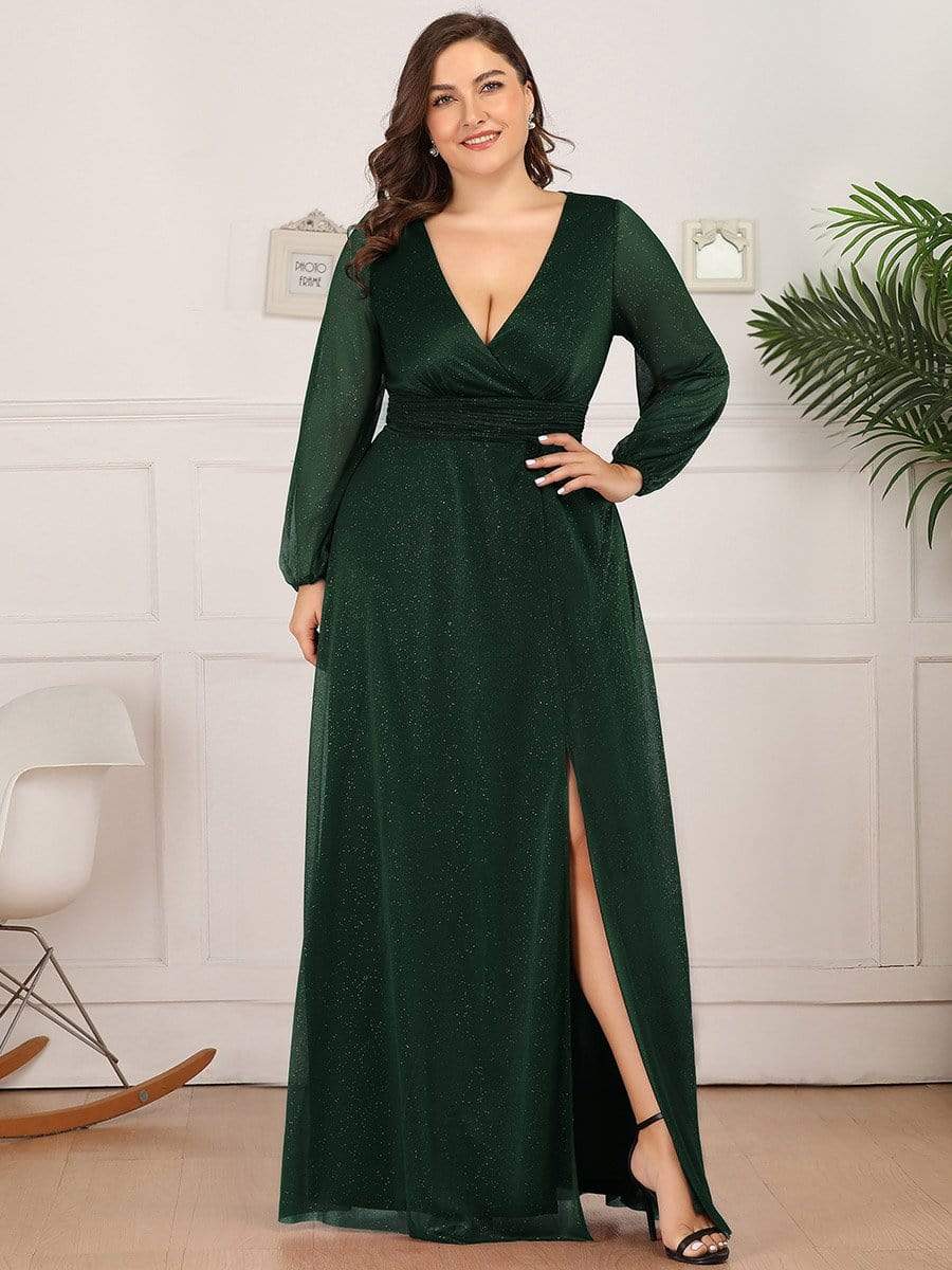 Color=Dark Green | Plus Size Women'S Sexy V-Neck Long Sleeve Evening Dress-Dark Green 1 Color=Dark Green | Plus Size Women'S Sexy V-Neck Long Sleeve Evening Dress-Dark Green 1