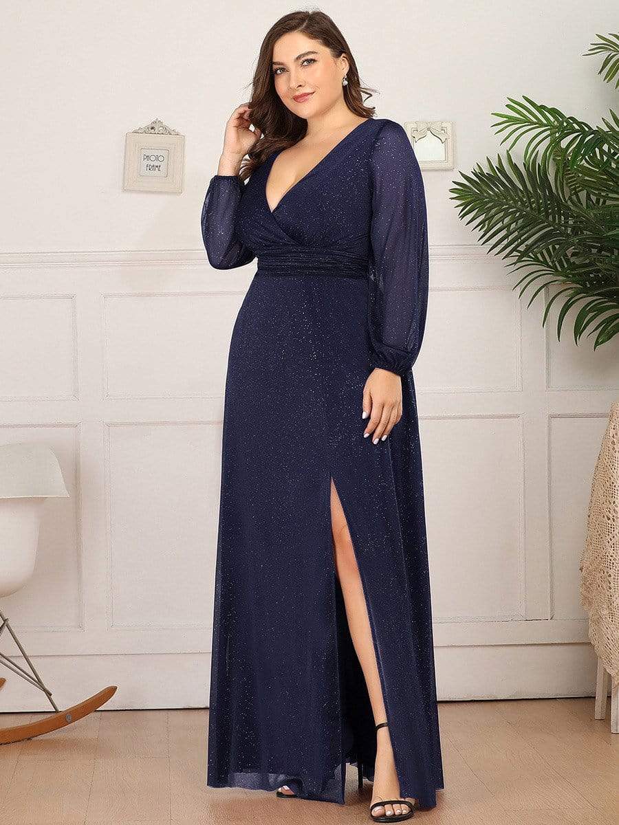 Color=Navy Blue | Plus Size Women'S Sexy V-Neck Long Sleeve Evening Dress-Navy Blue 3 Color=Navy Blue | Plus Size Women'S Sexy V-Neck Long Sleeve Evening Dress-Navy Blue 3
