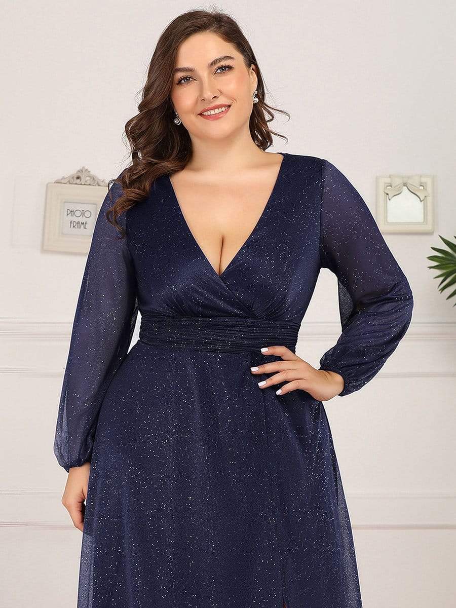 Color=Navy Blue | Plus Size Women'S Sexy V-Neck Long Sleeve Evening Dress-Navy Blue 5 Color=Navy Blue | Plus Size Women'S Sexy V-Neck Long Sleeve Evening Dress-Navy Blue 5