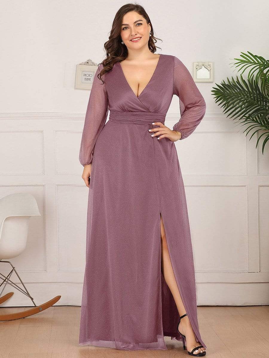 Color=Purple Orchid | Women'S Sexy V-Neck Long Sleeve Evening Dress-Purple Orchid 3