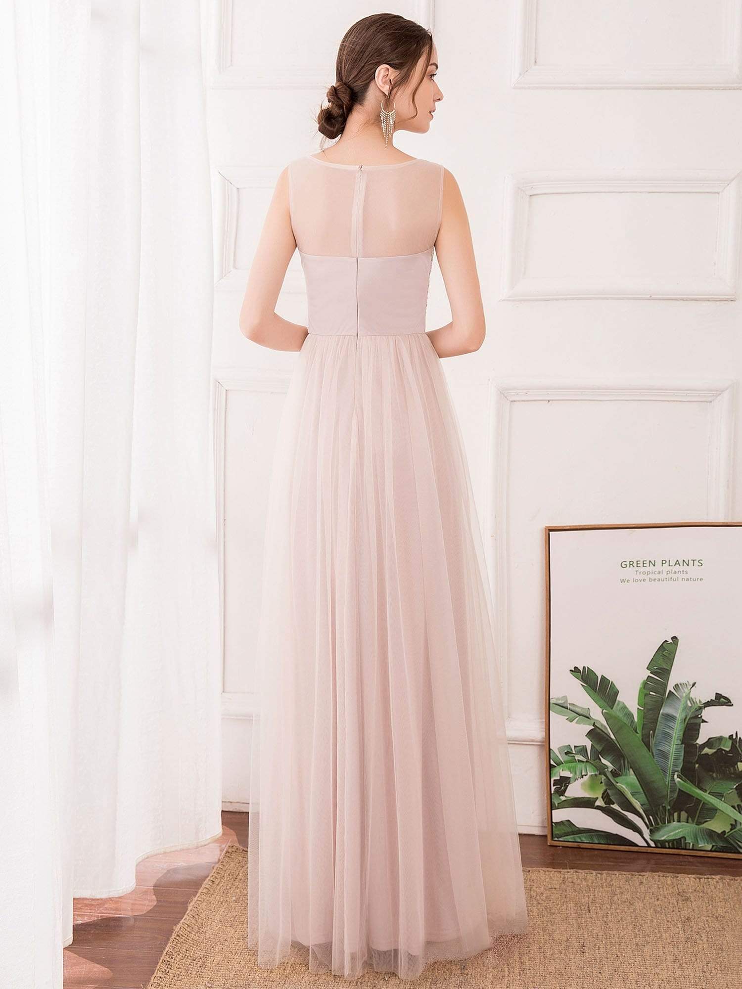 Color=Pink | Romantic A-Line O-Neck Embroidery Tulle Bridesmaid Dress-Pink 2 Color=Pink | Romantic A-Line O-Neck Embroidery Tulle Bridesmaid Dress-Pink 2