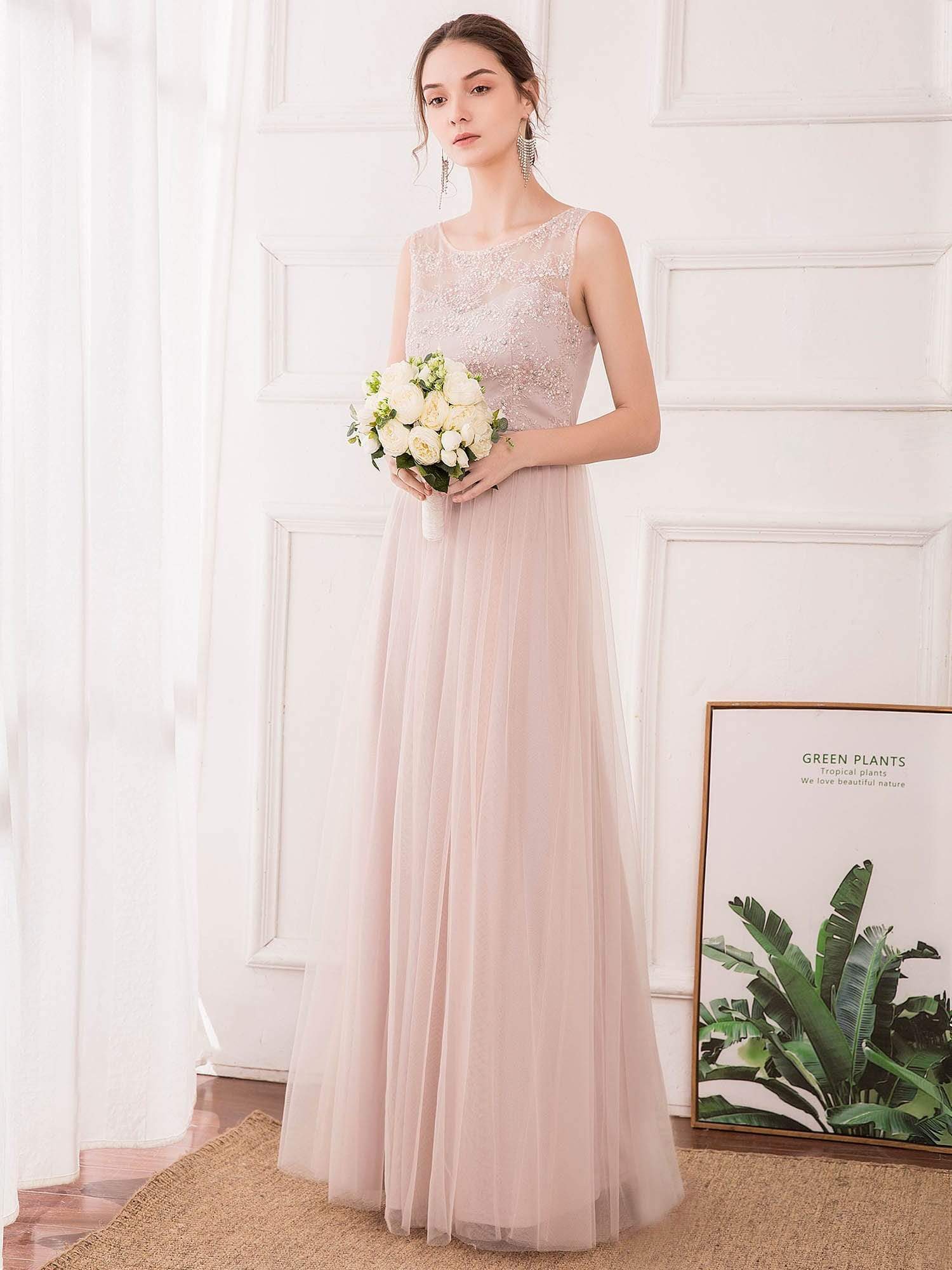 Color=Pink | Romantic A-Line O-Neck Embroidery Tulle Bridesmaid Dress-Pink 3 Color=Pink | Romantic A-Line O-Neck Embroidery Tulle Bridesmaid Dress-Pink 3