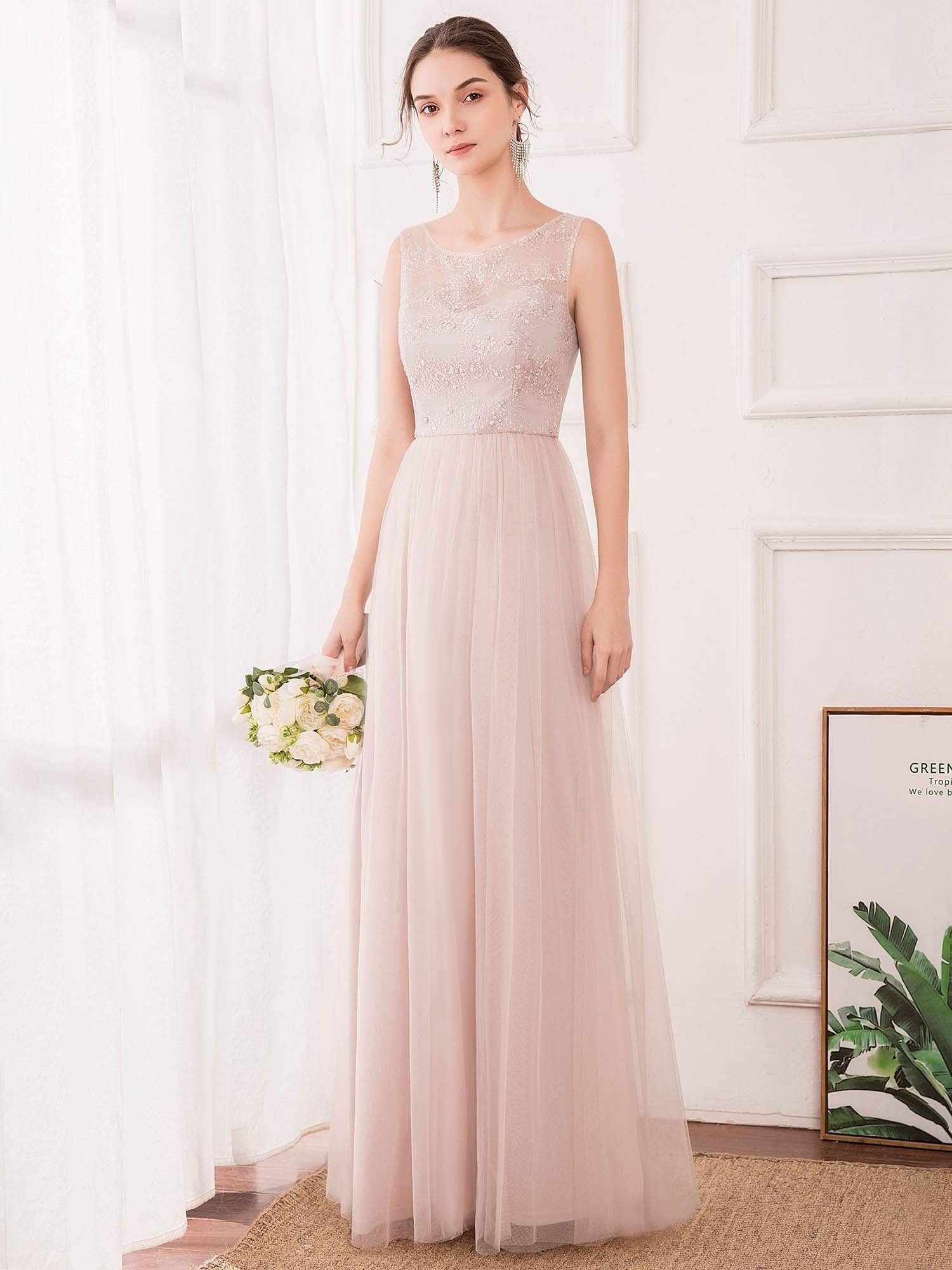 Color=Pink | Romantic A-Line O-Neck Embroidery Tulle Bridesmaid Dress-Pink 4 Color=Pink | Romantic A-Line O-Neck Embroidery Tulle Bridesmaid Dress-Pink 4