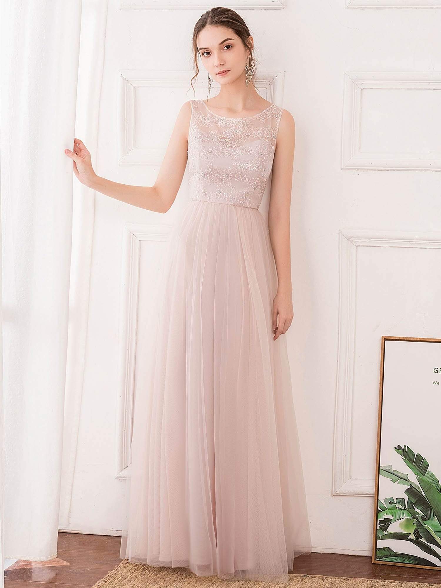 Color=Pink | Romantic A-Line O-Neck Embroidery Tulle Bridesmaid Dress-Pink 1 Color=Pink | Romantic A-Line O-Neck Embroidery Tulle Bridesmaid Dress-Pink 1