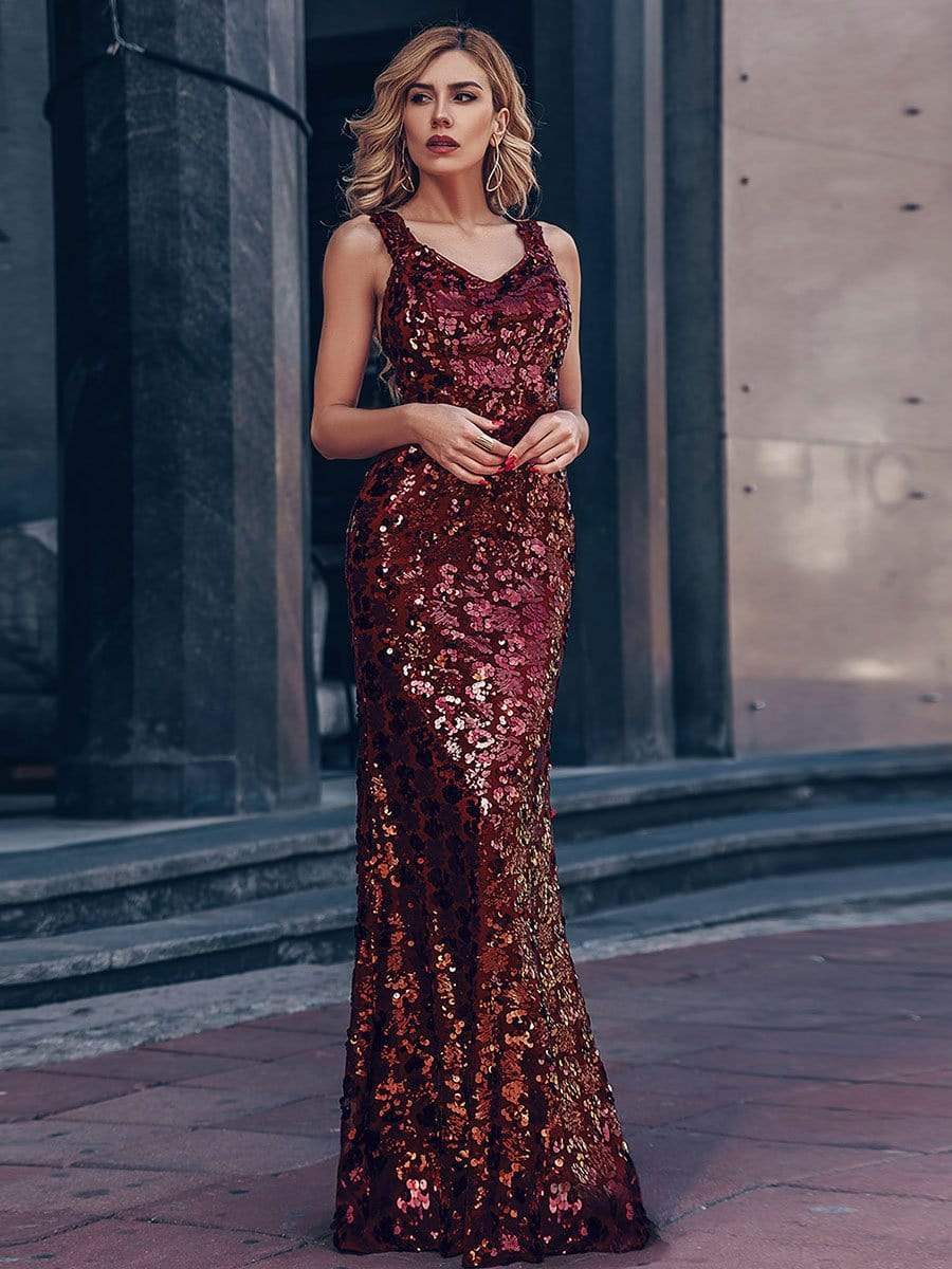 Color=Burgundy | Sexy Deep V Neck Mermaid Evening Dress With Sequin-Burgundy 5 Color=Burgundy | Sexy Deep V Neck Mermaid Evening Dress With Sequin-Burgundy 5