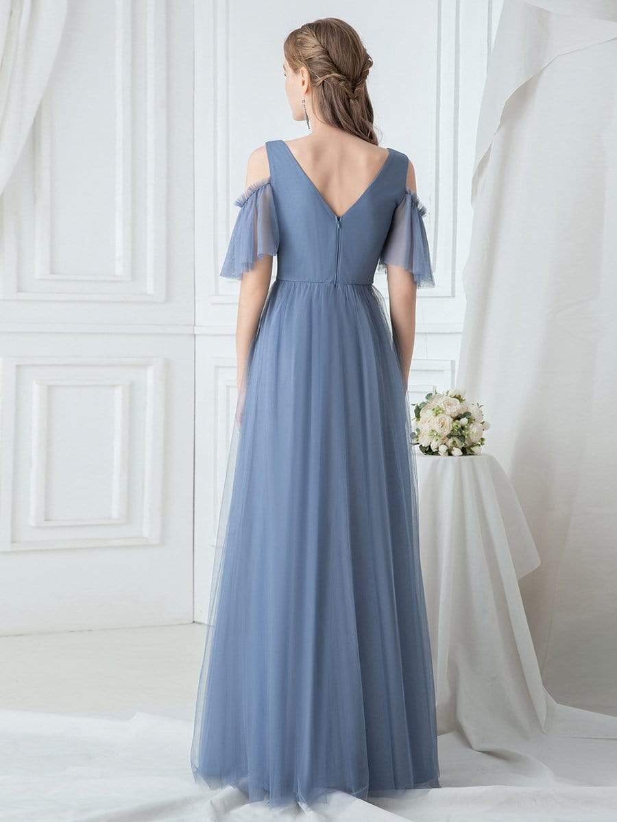 Color=Dusty Navy | Ruffle Sleeves Deep V-Neck Applique Bridesmaid Dress-Dusty Navy 2 Color=Dusty Navy | Ruffle Sleeves Deep V-Neck Applique Bridesmaid Dress-Dusty Navy 2