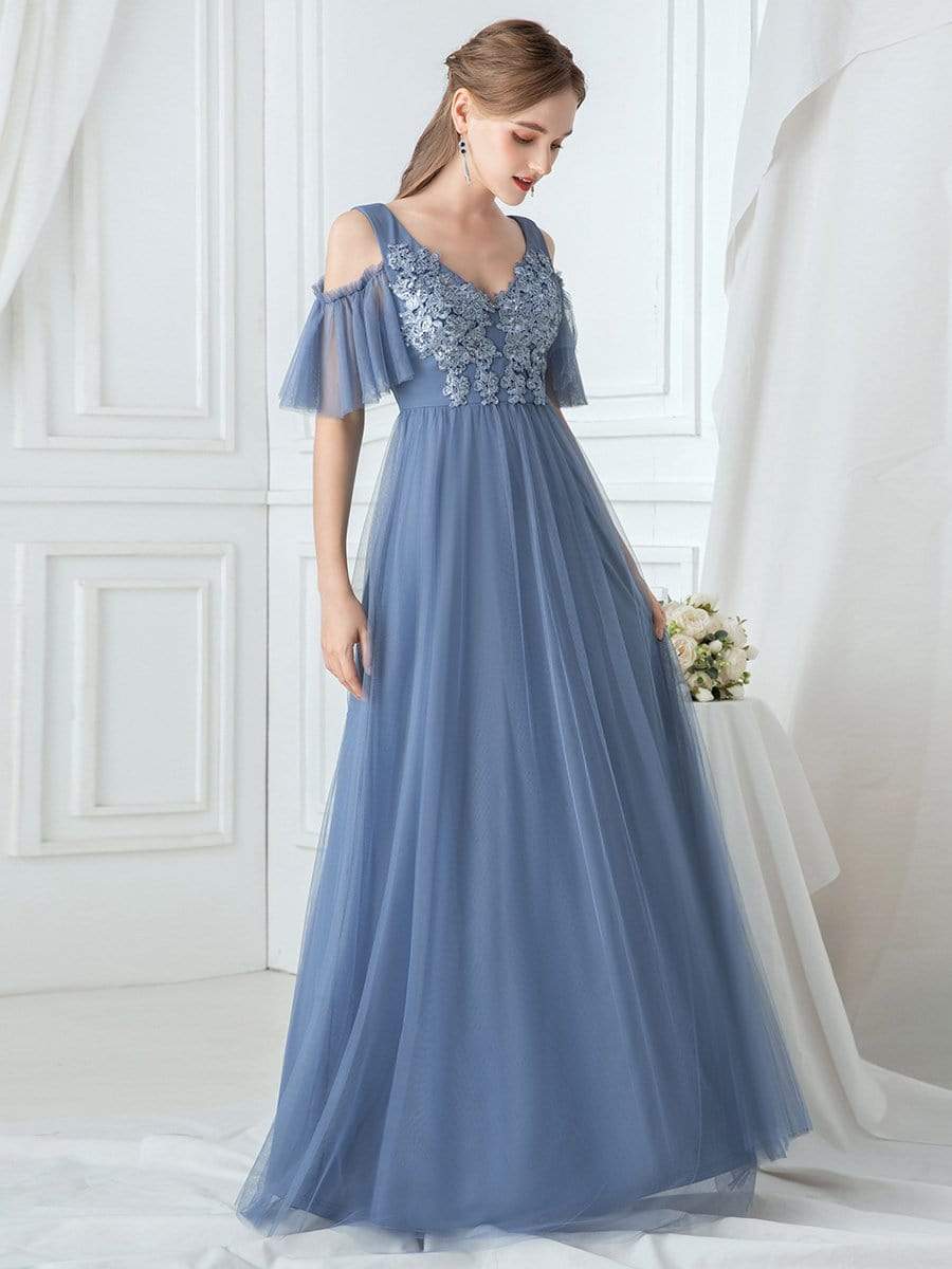Color=Dusty Navy | Ruffle Sleeves Deep V-Neck Applique Bridesmaid Dress-Dusty Navy 3 Color=Dusty Navy | Ruffle Sleeves Deep V-Neck Applique Bridesmaid Dress-Dusty Navy 3