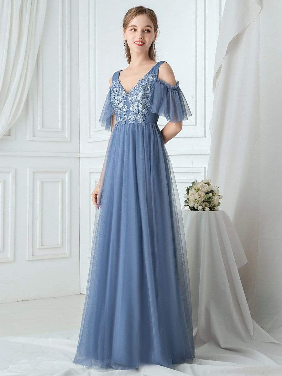 Color=Dusty Navy | Ruffle Sleeves Deep V-Neck Applique Bridesmaid Dress-Dusty Navy 4 Color=Dusty Navy | Ruffle Sleeves Deep V-Neck Applique Bridesmaid Dress-Dusty Navy 4