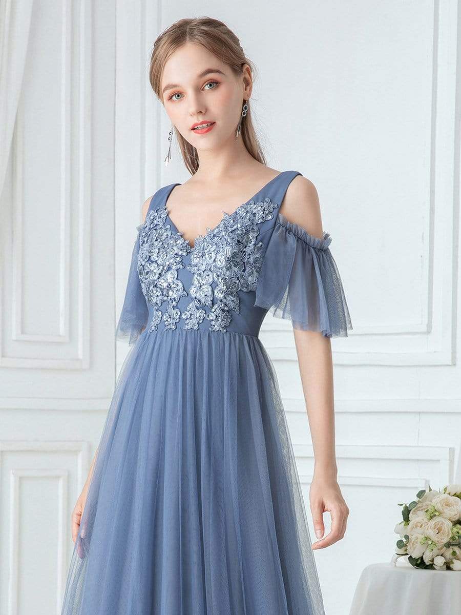 Color=Dusty Navy | Ruffle Sleeves Deep V-Neck Applique Bridesmaid Dress-Dusty Navy 5 Color=Dusty Navy | Ruffle Sleeves Deep V-Neck Applique Bridesmaid Dress-Dusty Navy 5