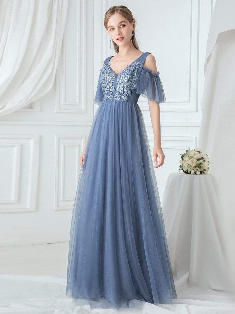 Color=Dusty Navy | Ruffle Sleeves Deep V-Neck Applique Bridesmaid Dress-Dusty Navy 1 Color=Dusty Navy | Ruffle Sleeves Deep V-Neck Applique Bridesmaid Dress-Dusty Navy 1