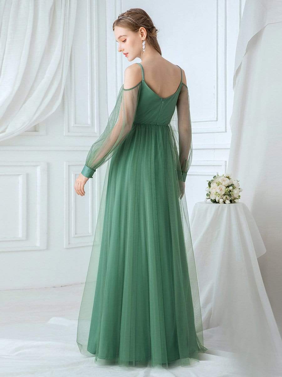 Color=Green Bean | Romantic Spaghetti Straps Sheer Sleeves Applique Tulle Bridesmaid Dresses-Green Bean 2 Color=Green Bean | Romantic Spaghetti Straps Sheer Sleeves Applique Tulle Bridesmaid Dresses-Green Bean 2