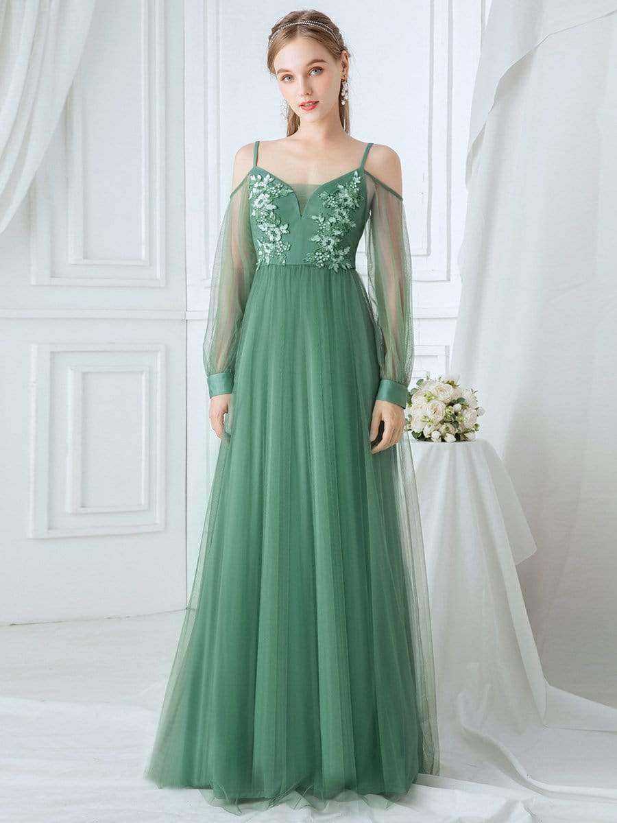 Color=Green Bean | Romantic Spaghetti Straps Sheer Sleeves Applique Tulle Bridesmaid Dresses-Green Bean 3 Color=Green Bean | Romantic Spaghetti Straps Sheer Sleeves Applique Tulle Bridesmaid Dresses-Green Bean 3