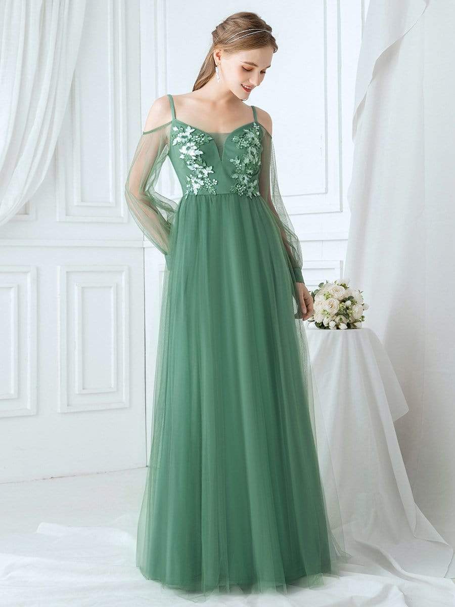 Color=Green Bean | Romantic Spaghetti Straps Sheer Sleeves Applique Tulle Bridesmaid Dresses-Green Bean 4 Color=Green Bean | Romantic Spaghetti Straps Sheer Sleeves Applique Tulle Bridesmaid Dresses-Green Bean 4